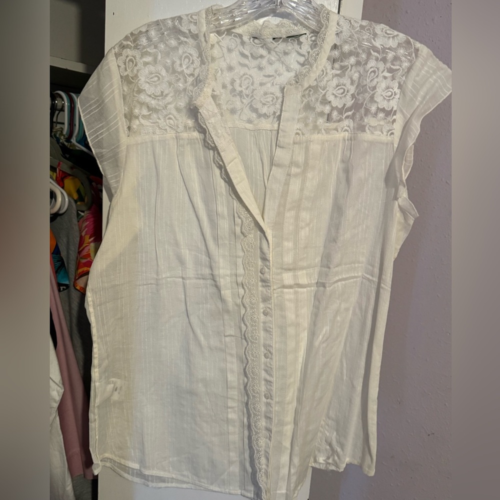 White Lace Yoke Button Front Blouse 100% Cotton Cap Sleeve in Women’s Large